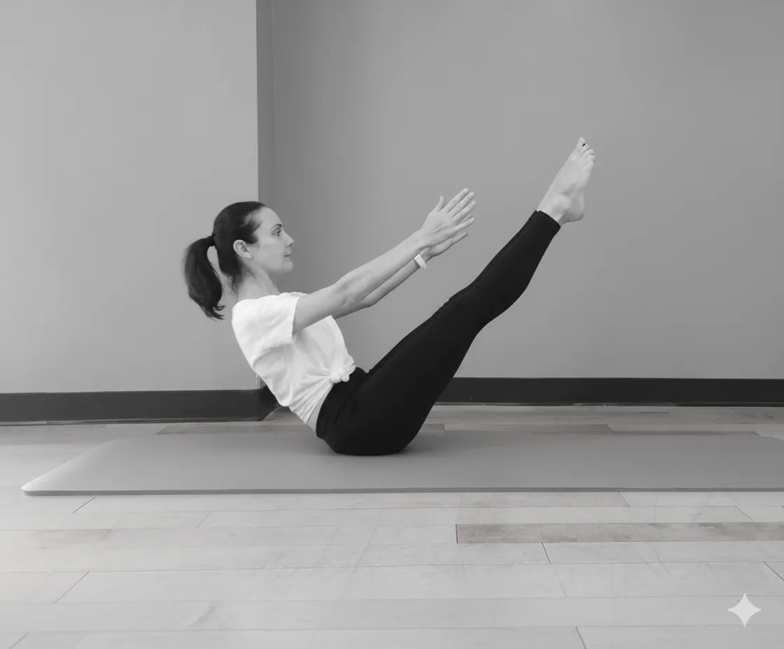 Jennifer Pagoto teaching a mat Pilates teaser, balanced on her sit bones with legs and arms extended.